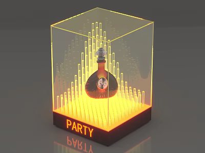 Commercial Equipment Transparent Display Case With Wine Bottle Decorative Spikes Yellow Lighting And Party Text 3d model