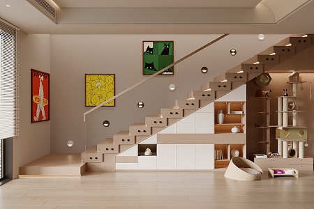 Modern Stair Cabinet Cat Climbing Frame Wooden Stair Handrail Stair Hanging Picture 3d model