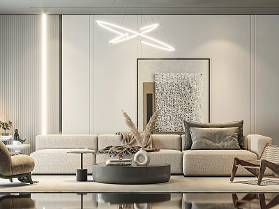 Modern Beige Sofa And Round Coffee Table Set With Chandelier Decorative Painting And Armchair 3d model