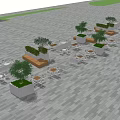 Commercial Street Outdoor Seating Area With Wooden Benches Green Plants And Stone Paved Floor