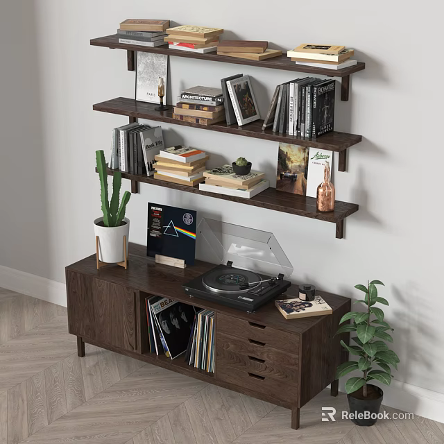 Wooden TV Stand with Vinyl Record Player Wall Shelves Books and Decorative Plants 3d model 