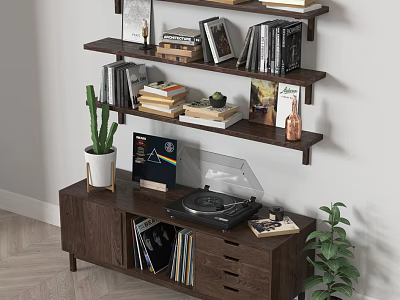 Wooden TV Stand with Vinyl Record Player Wall Shelves Books and Decorative Plants 3d model