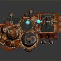 Steampunk Themed Mechanical Equipment With Towers Pipes Gears And Glowing Elements