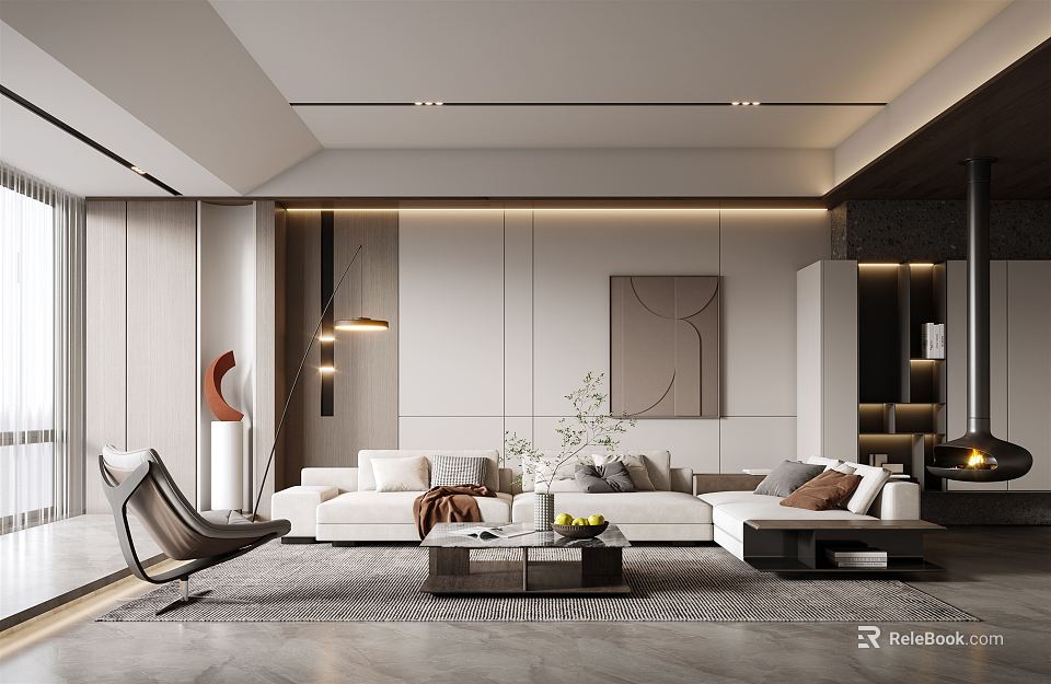 Modern Living Room Interior Featuring Large White Sofa Coffee Table Artwork And Ceiling Lights 3d model 
