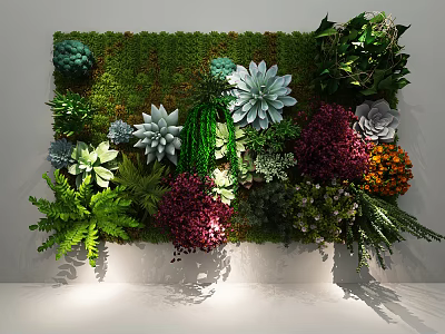 Stunning Indoor Living Plant Wall with Diverse Succulents Ferns and Colorful Blooms 3d model