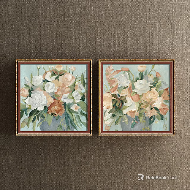 Botanical Paintings With White And Pink Flowers In Golden Frames On Brown Wall 3d model 