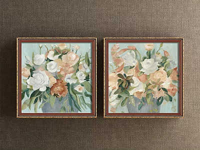 Botanical Paintings With White And Pink Flowers In Golden Frames On Brown Wall 3d model
