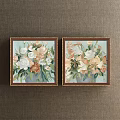 Botanical Paintings With White And Pink Flowers In Golden Frames On Brown Wall