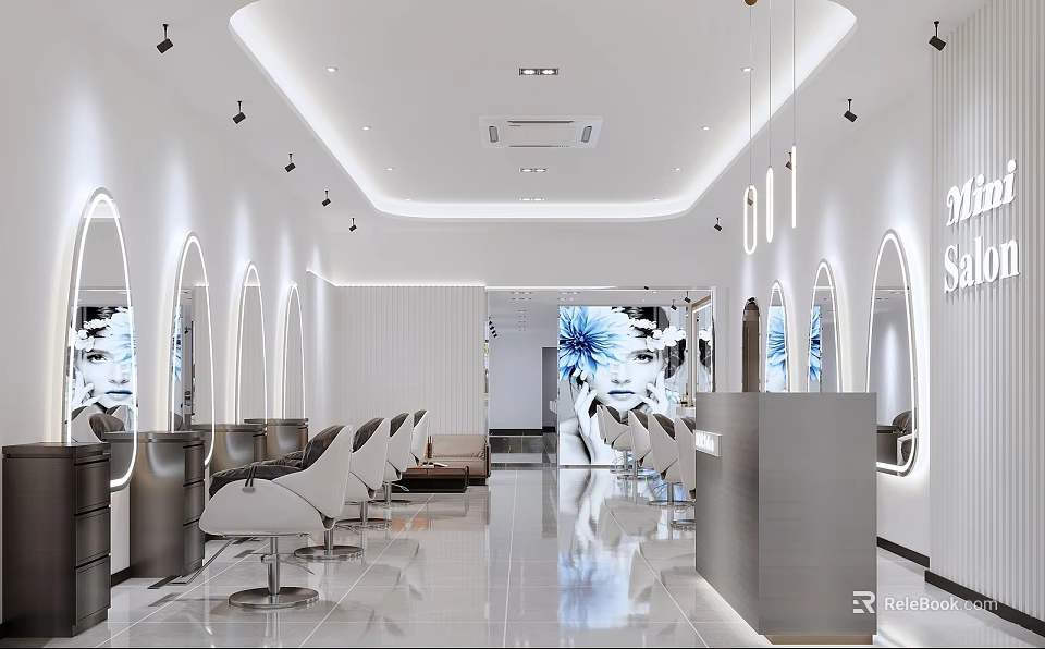 Bright Modern Beauty Hair Salon Interior With Mirrors Salon Chairs And Reception Desk 3d model 