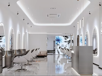 Bright Modern Beauty Hair Salon Interior With Mirrors Salon Chairs And Reception Desk 3d model