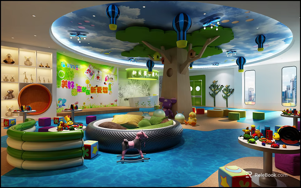 Colorful Kindergarten Indoor Play Space With Toys Tree Decor And Balloon Elements 3d model 