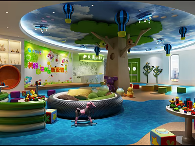 Colorful Kindergarten Indoor Play Space With Toys Tree Decor And Balloon Elements 3d model