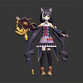 Anime Game Character with Cat Ears Purple Long Hair Purple Blue Dress and Yellow Staff