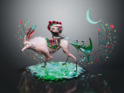 Whimsical Game Movie Character Riding Mythical Beast With Flower Crown And Crescent Moon 3d model
