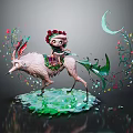Whimsical Game Movie Character Riding Mythical Beast With Flower Crown And Crescent Moon