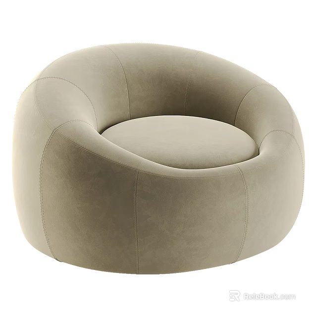 Light Beige Round Sofa Stool with Velvet Upholstery Curved Stitched Details Modern Design 3d model 