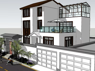 Modern Detached Villa With Glass Railing Balcony Leisure Area Double Garage And Greenery 3d model