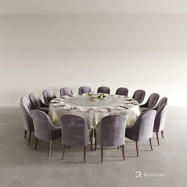 Elegant Dining Table Set with Round Table White Tablecloth Purple Chairs and Flower Centerpiece Tableware 3d model