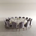 Elegant Dining Table Set with Round Table White Tablecloth Purple Chairs and Flower Centerpiece Tableware 3d model