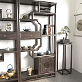 Traditional Wooden Chinese Display Shelf With Decorative Vases Books Drawers And Cabinet Doors