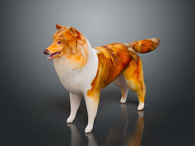 Collie Dog Sculpture With Orange And White Fur Standing On Black Background 3d model