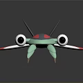Fictional Creature With Gray Body Green Head Red White Fins Large Eyes Scorpion Tail Claws
