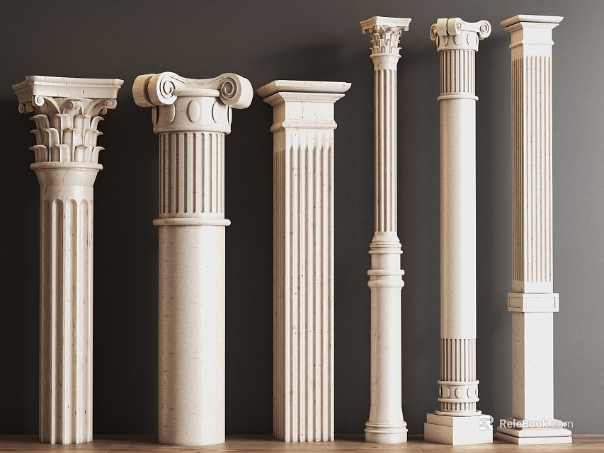 Classical Columns Of Various Types With Ornate Capitals White Stone Displayed Together 3d model 