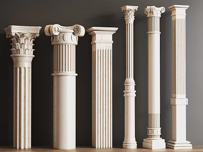 Classical Columns Of Various Types With Ornate Capitals White Stone Displayed Together 3d model