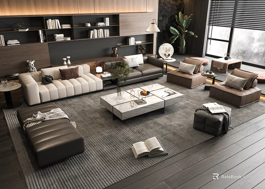 Modern Living Room Sofa And Coffee Table Set With Area Rug And Decorative Pillows 3d model 