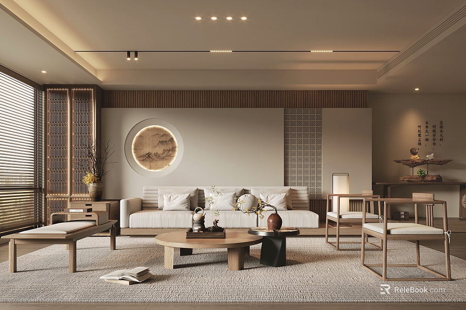 Chinese Style Living Room Interior With Round Decorative Painting Wooden Furniture And Beige Sofa 3d model 