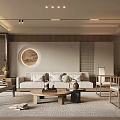 Chinese Style Living Room Interior With Round Decorative Painting Wooden Furniture And Beige Sofa