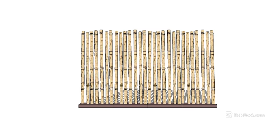 Natural Bamboo Garden Fence With Vertical Slats And Sturdy Wooden Base 3d model 