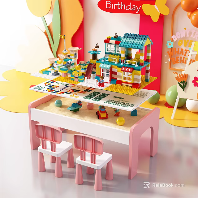Kids Table With Lego Building Blocks House Colorful Toys And Chairs For Creative Play 3d model 