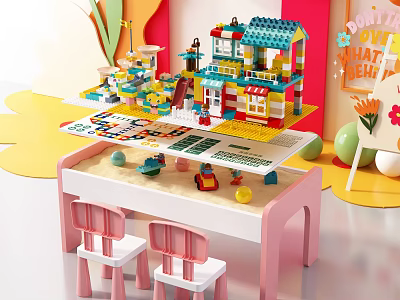 Kids Table With Lego Building Blocks House Colorful Toys And Chairs For Creative Play 3d model