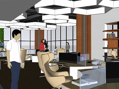 Modern Public Office Space With Large Windows Natural Light Hanging Lights Desks Sofas And Bookshelves 3d model