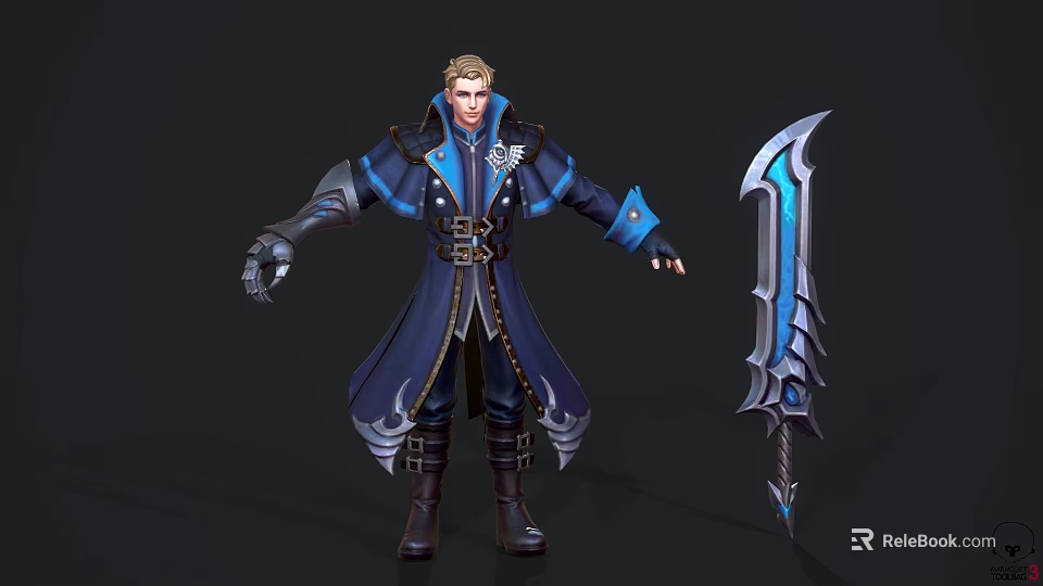 Game Movie Character In Blue Long Coat With Metal Decorations Holding Sword With Blue Glow 3d model 