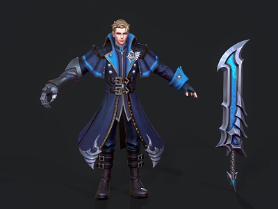 Game Movie Character In Blue Long Coat With Metal Decorations Holding Sword With Blue Glow 3d model