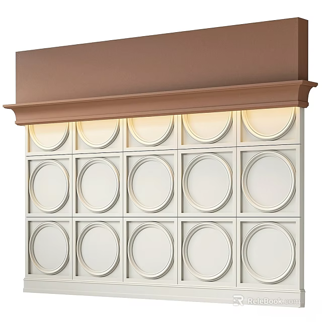 Elegant Wall Design With Brown Decorative Trim White Grid And Circular Elements With Soft Lighting 3d model 