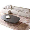 Modern Beige Sofa with Pillows and Dark Gray Coffee Table on Patterned Rug 3d model