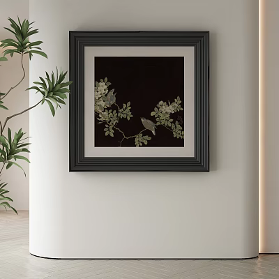 Framed Abstract Painting With Green Leaves Design On White Wall Interior Decoration 3d model