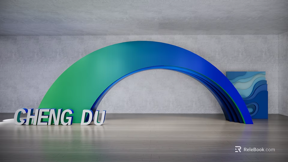 Curved Blue Green Event Entrance With White 3D Letters ENG DU Gray Wall And Floor 3d model 