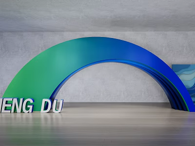 Curved Blue Green Event Entrance With White 3D Letters ENG DU Gray Wall And Floor 3d model