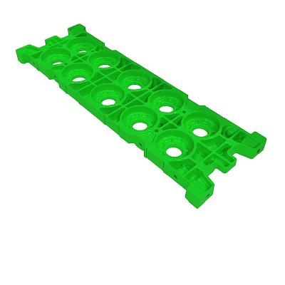 Green Plastic Mechanical Part With Multiple Circular Holes And Elongated Structure 3d model