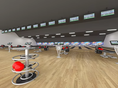 Modern Bowling Alley With Lanes Screens Spiral Ball Holders Wooden Floor And Fitness Activity 3d model