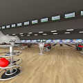 Modern Bowling Alley With Lanes Screens Spiral Ball Holders Wooden Floor And Fitness Activity