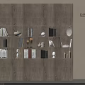Modern Wooden Bookcase Interior With Books Decorative Vases Circular Decor And Built In Lighting