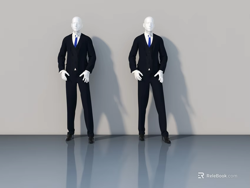Modern Swing Door Display With Black Suit Mannequins On Reflective Floor 3d model 