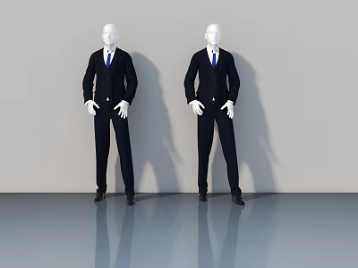 Modern Swing Door Display With Black Suit Mannequins On Reflective Floor 3d model