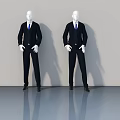 Modern Swing Door Display With Black Suit Mannequins On Reflective Floor