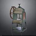 Vintage Manual Press Machine With Green Frame Red Decorations Wooden Wheel And White Bowl